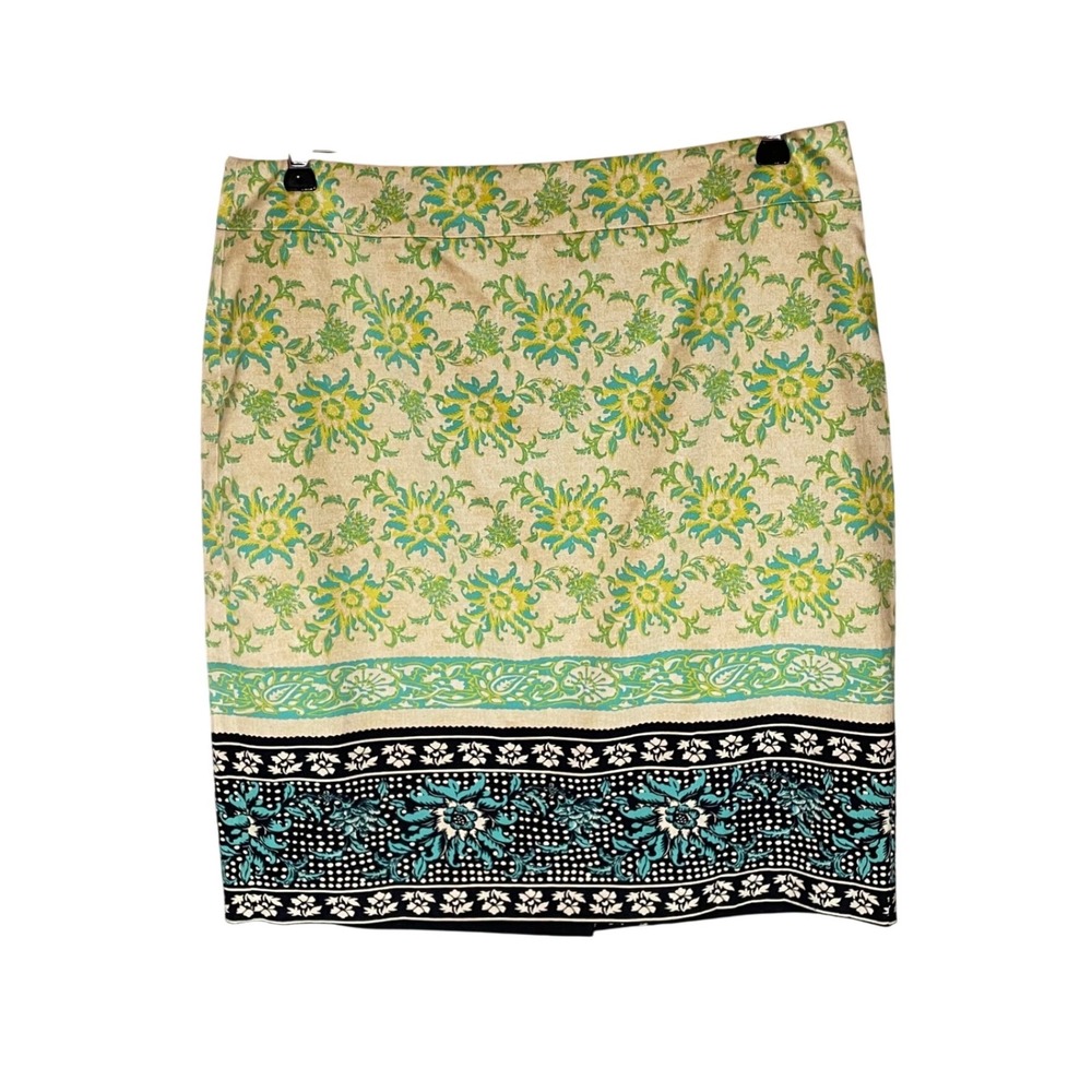 Ann Taylor Petite Damask Pencil Skirt Green Turquoise 10P Preppy Careerwear